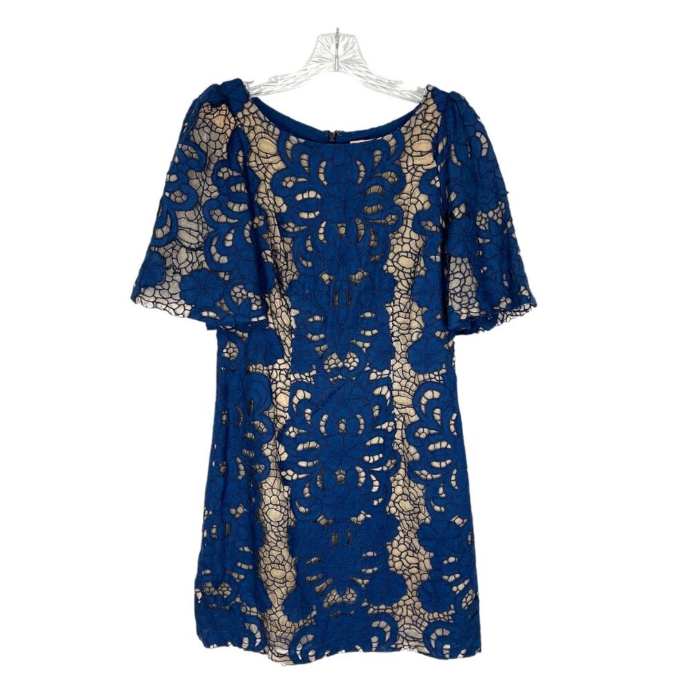 Tracy Reese Womens Blue Lace Overlay Short Sleeve Dress Linen Cotton size 2